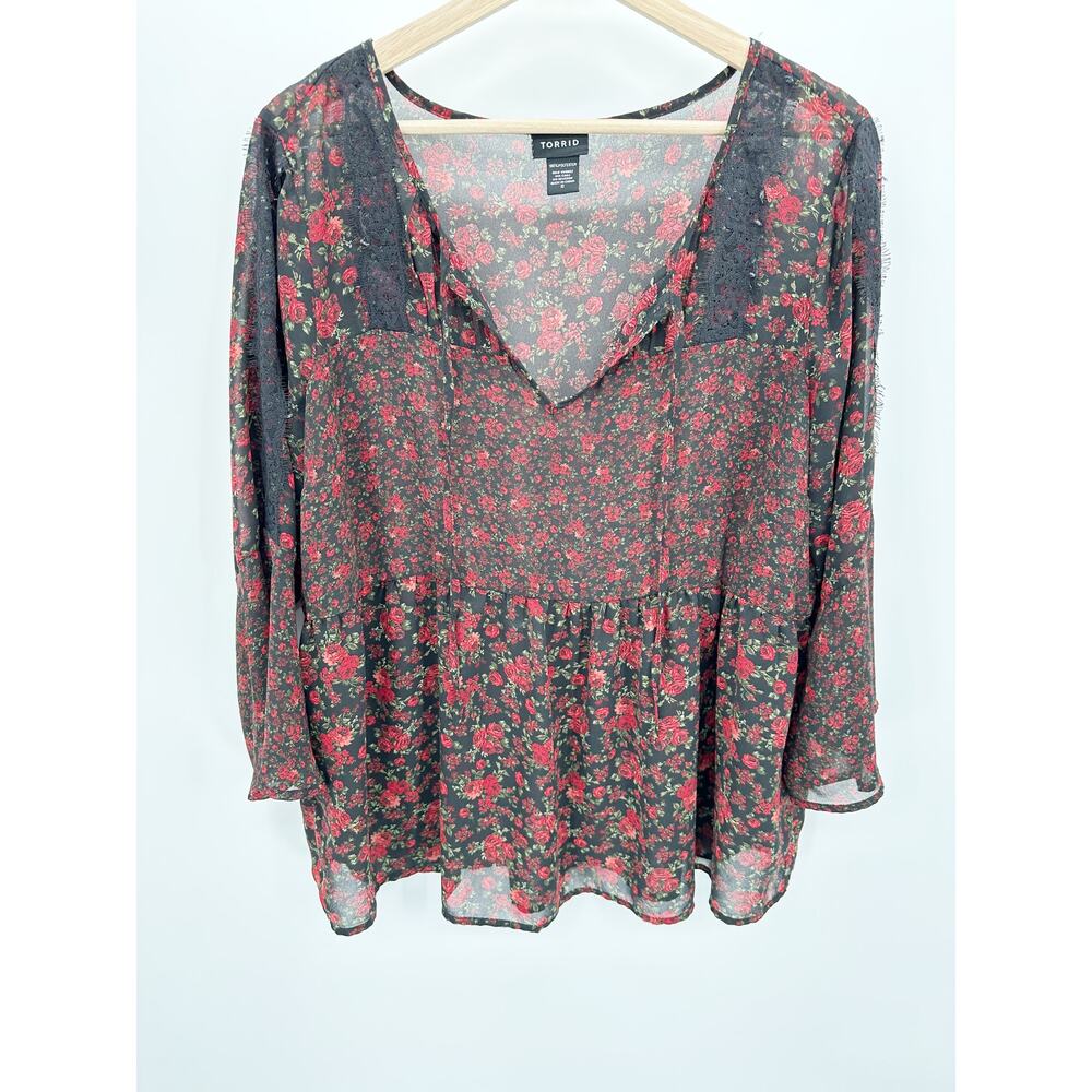 Torrid Womens Red Floral Sheer Babydoll Top Size L Romantic Whimsigoth Dainty